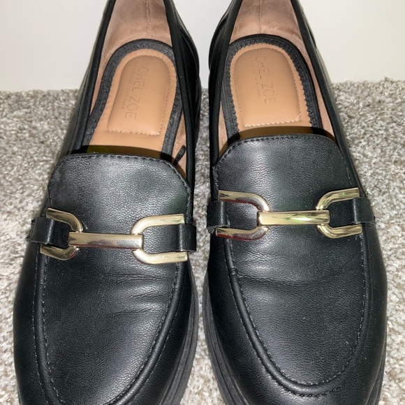 Rachel Zoe Shoes - Rachel Zoe Black Leather-like Loafers with Gold Chain Detail Sz 8.5